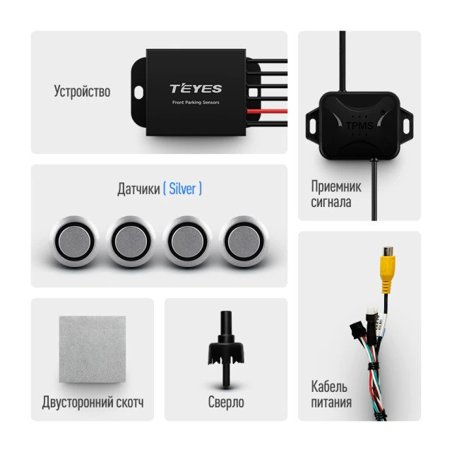 Передние парктроники Teyes R1 для CC4 Pro / CC4 / CC4L / CC3 2K / CC3 / CC3L / CC2 Plus / SPRO Plus / TPRO2 / LUX ONE (Черные)